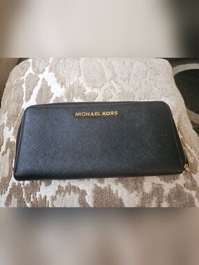 Michael Kors Black Leather Zip Around Wallet with Gold Logo